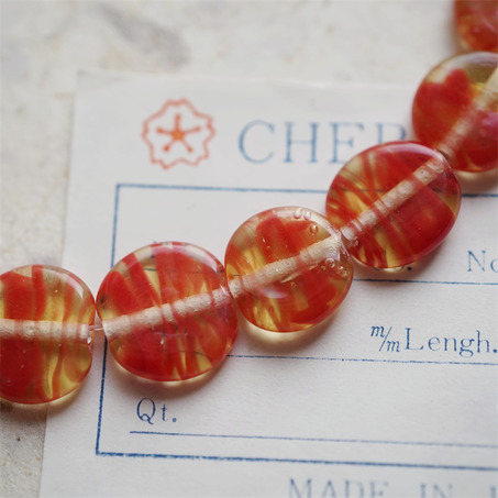 蜂蜜红mix~手造条纹扁圆日本进口中古古董灯工玻璃琉璃珠 约12~14MM