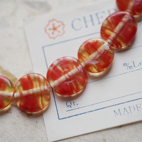 蜂蜜红mix~手造条纹扁圆日本进口中古古董灯工玻璃琉璃珠 约12~14MM-3
