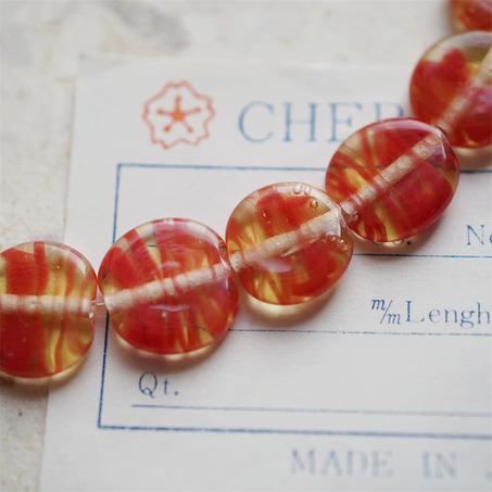 蜂蜜红mix~手造条纹扁圆日本进口中古古董灯工玻璃琉璃珠 约12~14MM-2