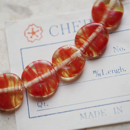 蜂蜜红mix~手造条纹扁圆日本进口中古古董灯工玻璃琉璃珠 约12~14MM-4