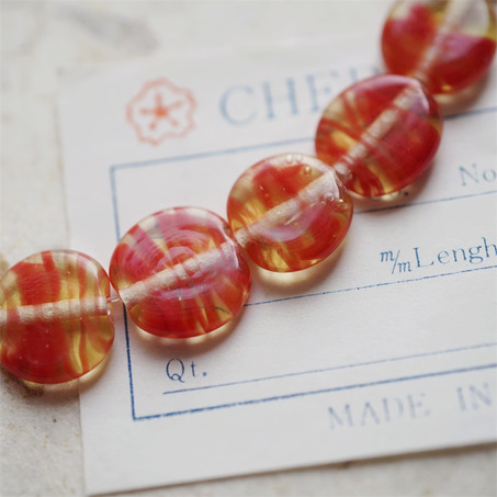 蜂蜜红mix~手造条纹扁圆日本进口中古古董灯工玻璃琉璃珠 约12~14MM-5