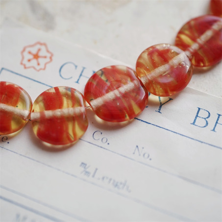 蜂蜜红mix~手造条纹扁圆日本进口中古古董灯工玻璃琉璃珠 约12~14MM-7