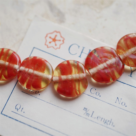 蜂蜜红mix~手造条纹扁圆日本进口中古古董灯工玻璃琉璃珠 约12~14MM-6