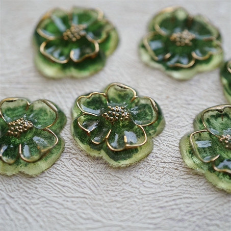 绿色系彩绘鎏金~复古花朵形古董捷克玻璃宝石贴片  21X19MM