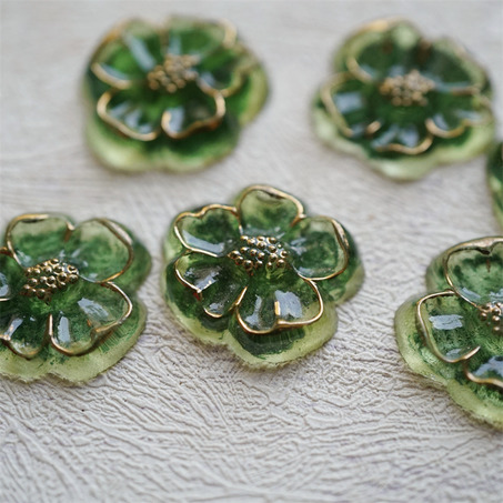 绿色系彩绘鎏金~复古花朵形古董捷克玻璃宝石贴片  21X19MM-2