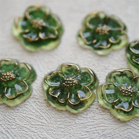 绿色系彩绘鎏金~复古花朵形古董捷克玻璃宝石贴片  21X19MM-5