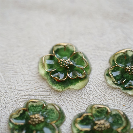 绿色系彩绘鎏金~复古花朵形古董捷克玻璃宝石贴片  21X19MM-8