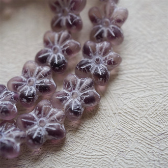 雾面复古葡萄紫夹心描白色~捷克珠小花花花朵琉璃珠玻璃珠DIY串珠材料 14MM
