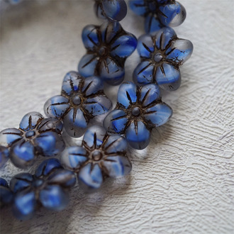 雾面夹心奶油条纹蓝mix描古铜色~捷克珠小花花花朵琉璃珠玻璃珠DIY串珠材料 14MM