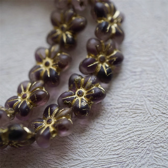 雾面复古葡萄紫夹心描金色~捷克珠小花花花朵琉璃珠玻璃珠DIY串珠材料 14MM