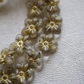 雾面夹心条纹咖啡描金色~捷克珠小花花花朵琉璃珠玻璃珠DIY串珠材料 14MM