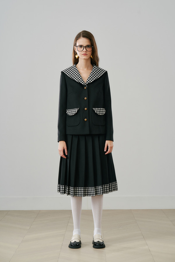 千鸟格拼接百褶裙