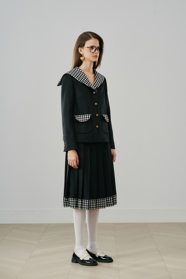 千鸟格拼接百褶裙