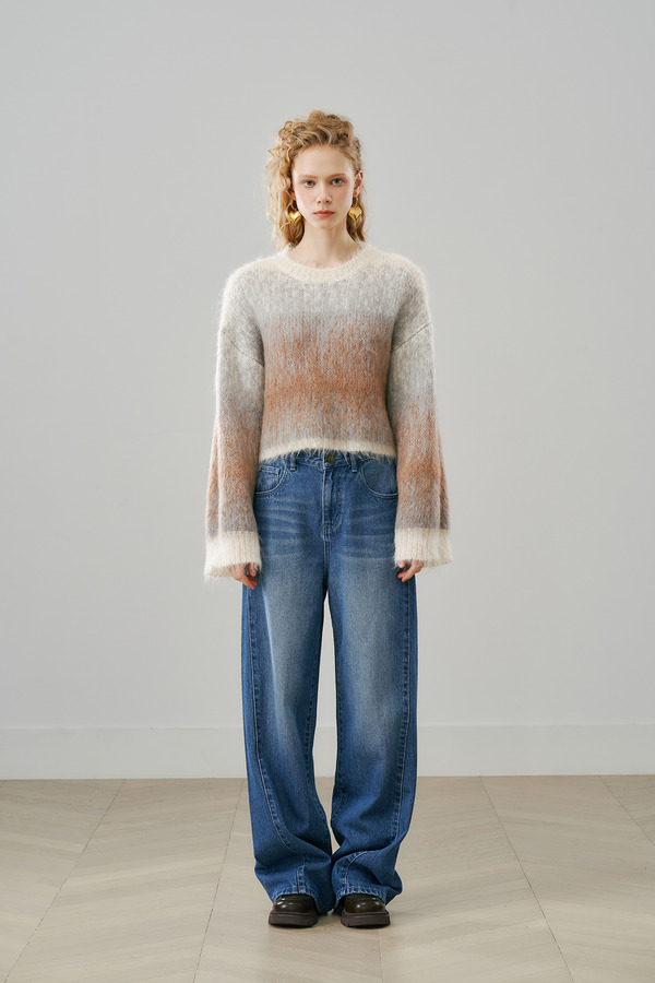 油画渐变圆领毛衣