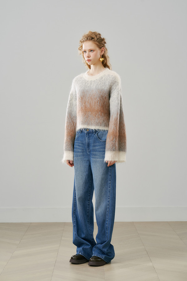 油画渐变圆领毛衣