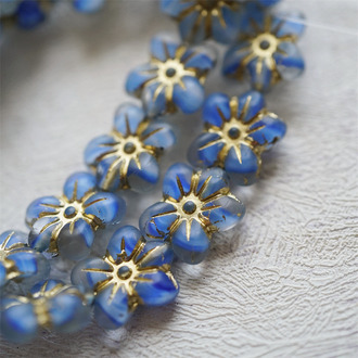 雾面透明奶油蓝条纹mix渐变~捷克珠小花花花朵琉璃珠玻璃珠DIY串珠材料 14MM