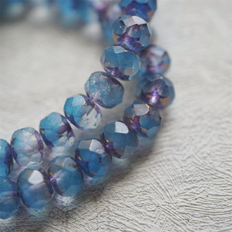 透感礁石蓝气泡海风做旧紫色边~切面扁圆捷克珠玻璃珠琉璃珠算盘珠隔珠 9X6MM