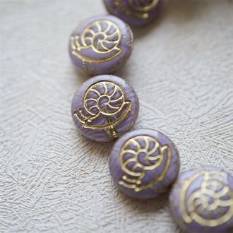 丝绸条纹紫描金色~可爱蜗牛扁圆直孔捷克珠玻璃琉璃珠 14MM