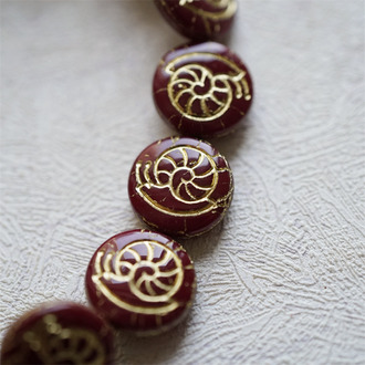 深酒红复古描金色~可爱蜗牛扁圆直孔捷克珠玻璃琉璃珠 14MM