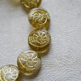 蜂蜜夹心黄mix描金色~可爱蜗牛扁圆直孔捷克珠玻璃琉璃珠 14MM