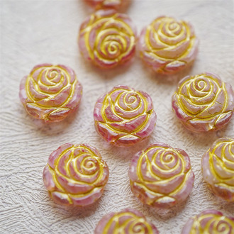 粉色条纹白mix描黄色~复古风少女蔷薇玫瑰捷克珠玻璃琉璃 14MM
