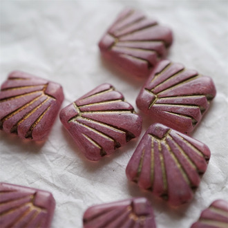 水染做旧粉描金色~方形孔雀翎羽直孔捷克珠玻璃琉璃珠 18MM