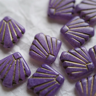 水染做旧紫描金色~方形孔雀翎羽直孔捷克珠玻璃琉璃珠 18MM