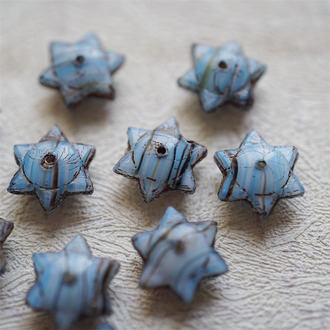 天蓝浅条纹mix描古铜金~六芒星捷克珠隔片珠玻璃琉璃珠 6X12MM