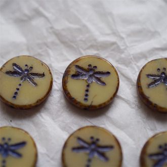 复古做旧毕加索卡其色描墨蓝紫~复古蜻蜓捷克珠玻璃珠琉璃 17MM