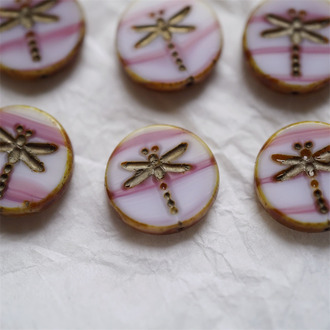 粉白条纹mix描金做旧毕加索色~复古蜻蜓捷克珠玻璃珠琉璃 17MM