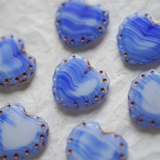 深蓝白色细条纹mix描玫瑰金渐变切面~可爱桃心蕾丝花边做旧款爱心捷克珠玻璃琉璃珠 17X18MM