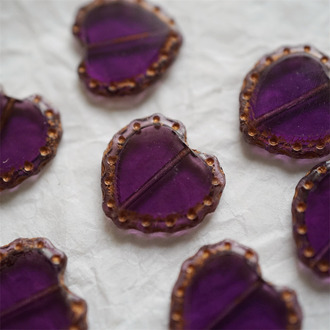 复古透葡萄紫描玫瑰金色切面~可爱桃心蕾丝花边做旧款爱心捷克珠玻璃琉璃珠 17X18MM