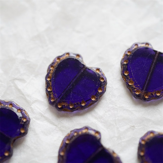 复古深宝蓝紫描玫瑰金切面~可爱桃心蕾丝花边做旧款爱心捷克珠玻璃琉璃珠 17X18MM