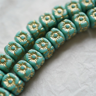 纯色松石绿描金色~1920S骰子浮雕立方体小花古董珠形捷克珠玻璃琉璃珠 9X8MM
