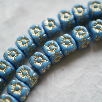 质感油画蓝描金色~1920S骰子浮雕立方体小花古董珠形捷克珠玻璃琉璃珠 9X8MM