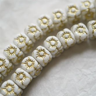 纯白描金色~1920S骰子浮雕立方体小花古董珠形捷克珠玻璃琉璃珠 9X8MM