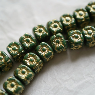 复古墨绿描金色~1920S骰子浮雕立方体小花古董珠形捷克珠玻璃琉璃珠 9X8MM