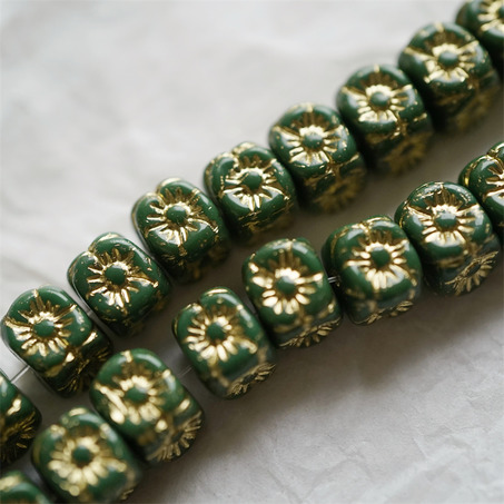 复古墨绿描金色~1920S骰子浮雕立方体小花古董珠形捷克珠玻璃琉璃珠 9X8MM-6
