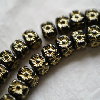 经典透深黑紫描金色~1920S骰子浮雕立方体小花古董珠形捷克珠玻璃琉璃珠 9X8MM