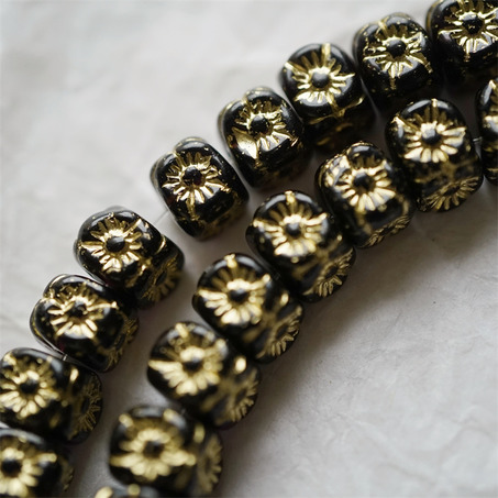 经典黑色描金色~1920S骰子浮雕立方体小花古董珠形捷克珠玻璃琉璃珠 9X8MM-7