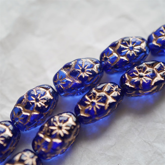 复古透宝石蓝描玫瑰金色~浮雕花朵四面立体微椭橄榄形古董珠型捷克珠玻璃琉璃珠 15X10MM