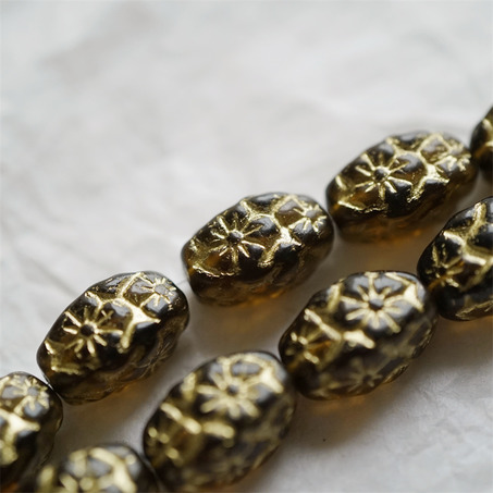 透深琥珀描金色~浮雕花朵四面立体微椭橄榄形古董珠型捷克珠玻璃琉璃珠 15X10MM-3
