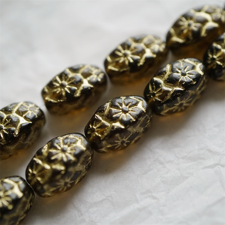 透深琥珀描金色~浮雕花朵四面立体微椭橄榄形古董珠型捷克珠玻璃琉璃珠 15X10MM-2
