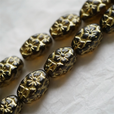 透深琥珀描金色~浮雕花朵四面立体微椭橄榄形古董珠型捷克珠玻璃琉璃珠 15X10MM-5
