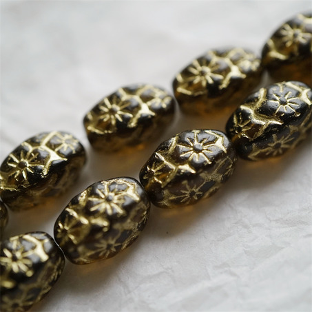 透深琥珀描金色~浮雕花朵四面立体微椭橄榄形古董珠型捷克珠玻璃琉璃珠 15X10MM-4