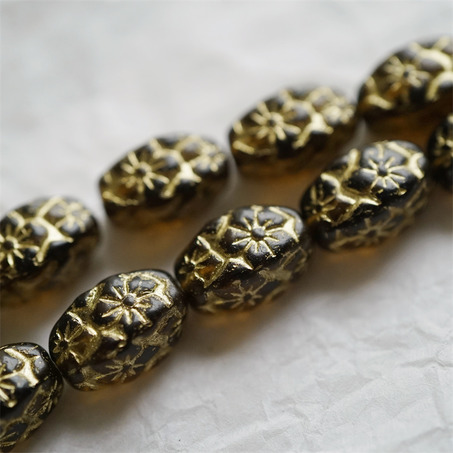 透深琥珀描金色~浮雕花朵四面立体微椭橄榄形古董珠型捷克珠玻璃琉璃珠 15X10MM-6