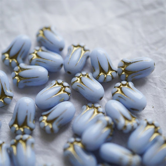 婴儿蓝纯色描金~可爱郁金香捷克珠玻璃琉璃 12X8MM