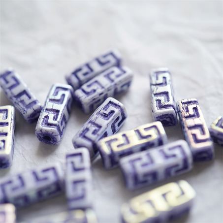 炫彩紫白色~长方形古风纹样柱形珠捷克珠玻璃琉璃 15X5MM