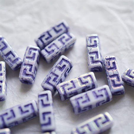 炫彩紫白色~长方形古风纹样柱形珠捷克珠玻璃琉璃 15X5MM-2