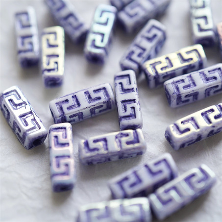 炫彩紫白色~长方形古风纹样柱形珠捷克珠玻璃琉璃 15X5MM-3